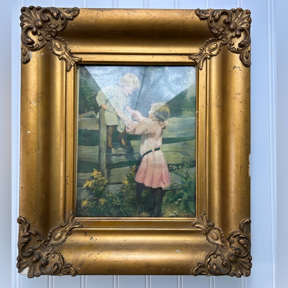 Vintage Art Print Gold Framed Ornate Victorian Children Gallery Wall 15x13
